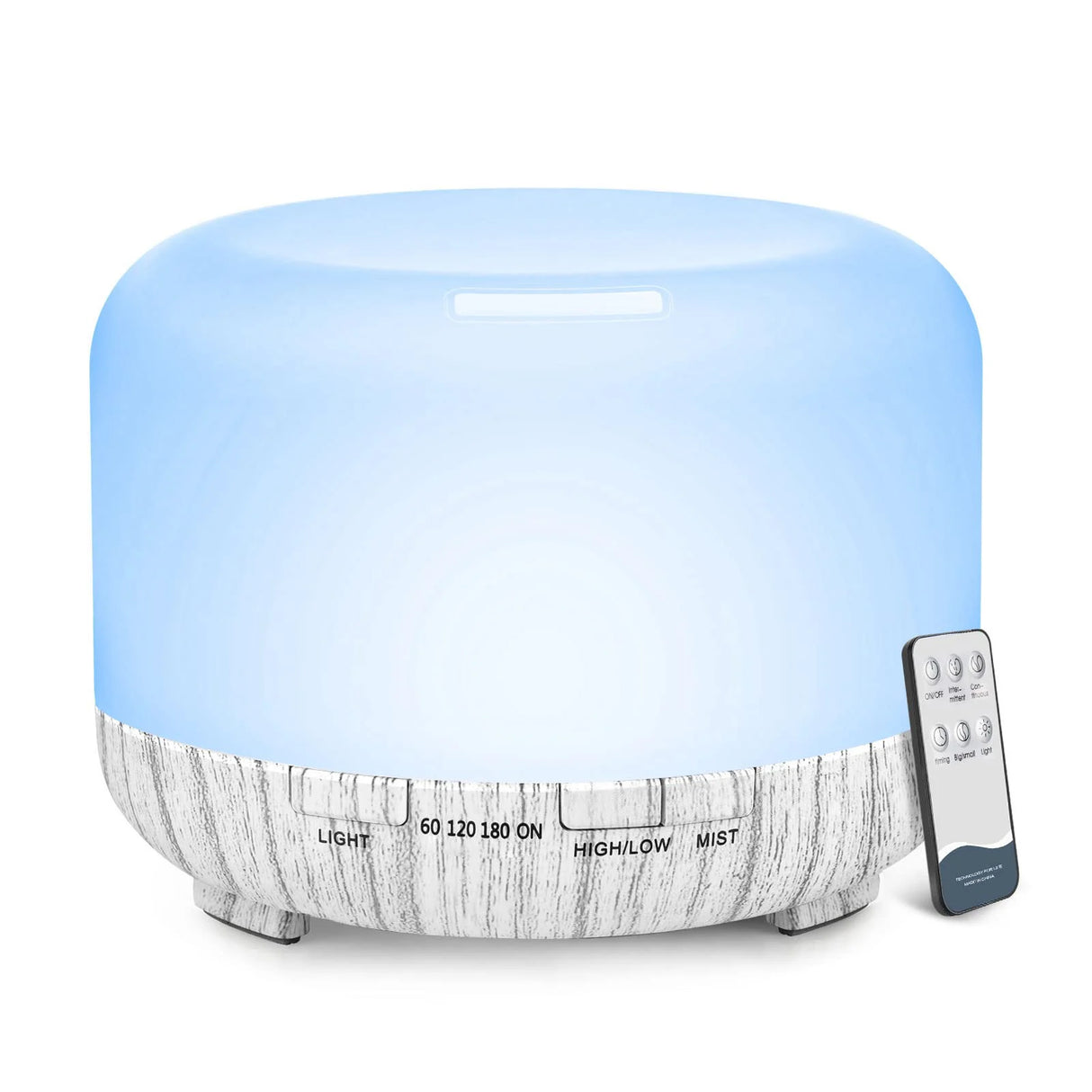 Aromatherapy diffuser with a wooden texture base and remote control on a white background