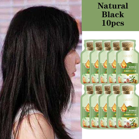 Person with long black hair on the left, and a product packaging of 'Natural Black' hair dye on the right.