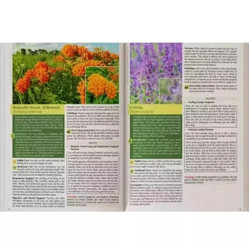 Open book with images of flowers and text on a white background