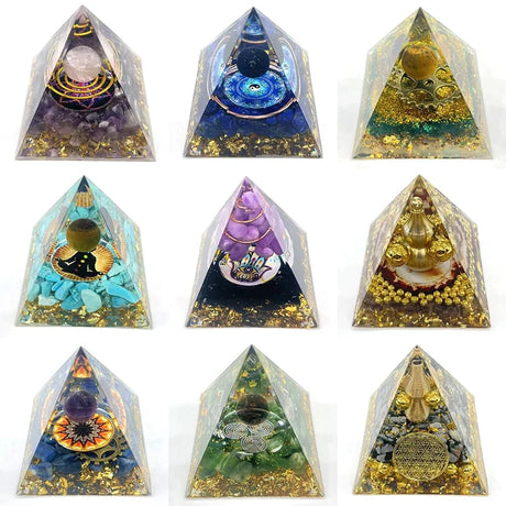 Set of nine pyramid-shaped decorative items with various colors and designs on a white background