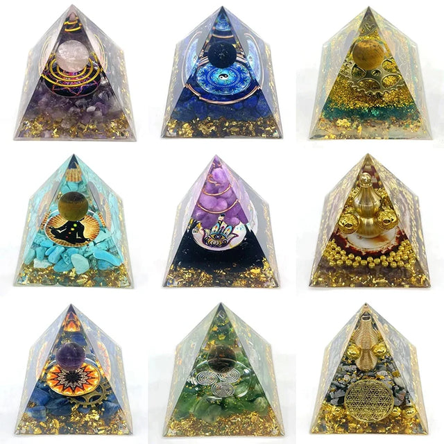 Set of nine pyramid-shaped decorative items with various colors and designs on a white background