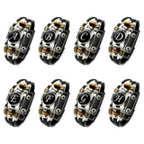 Set of eight black leather bracelets with letter symbols on a white background