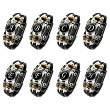 Retro A-Z Initial Leather Bracelet for Men showing 8 available letter options on black leather bands for monogram jewelry gifting.