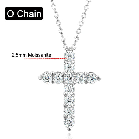 Silver cross pendant necklace with Moissanite stones on a white background