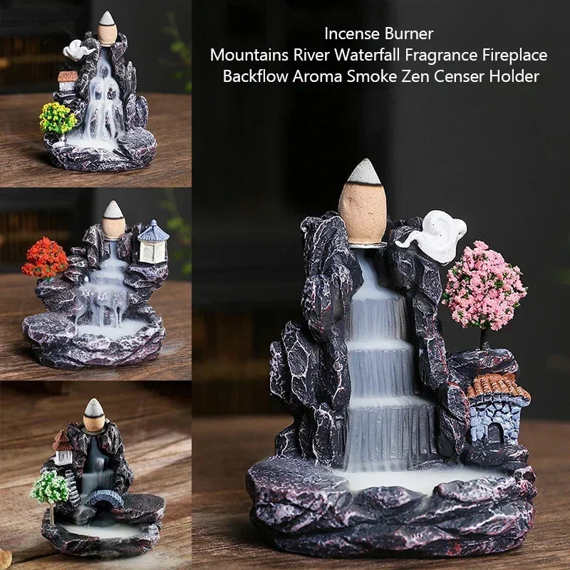 Decorative incense burner with waterfalls and buildings on a wooden surface.