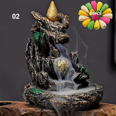 Decorative incense burner with smoke effect on a wooden base, surrounded by colorful incense sticks.