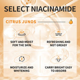 Product description card for 'Select Niacinamide' with citrus junos, highlighting benefits for skin.