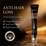 ZOZU Anti-Hair Loss Regrowth Essence tube on a dark background with text highlighting features.
