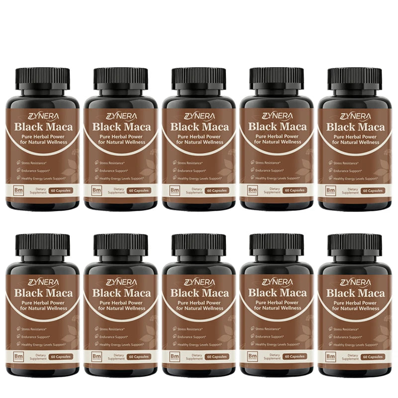 Multiple bottles of Zynera Black Maca capsules on a white background