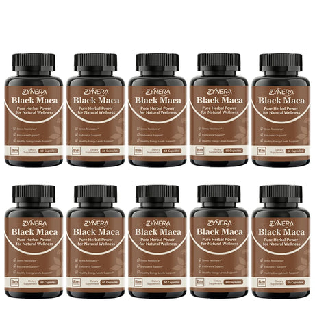 Multiple bottles of Zynera Black Maca capsules on a white background
