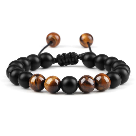 Black and brown beaded bracelet on a white background