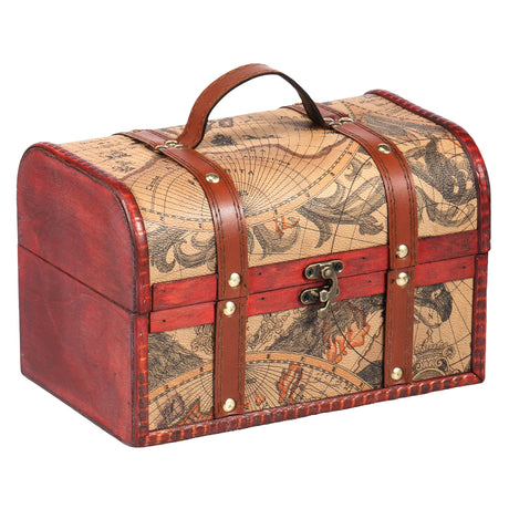 Vintage-style suitcase with world map design on a white background