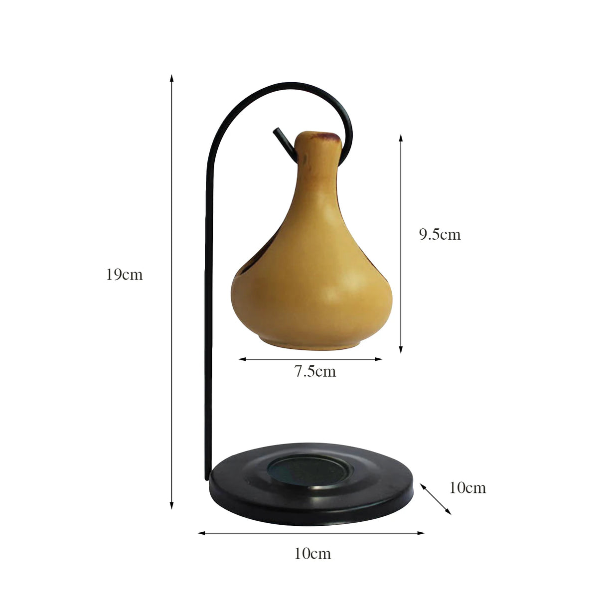 Measurement chart of a decorative vase with black stand on a white background