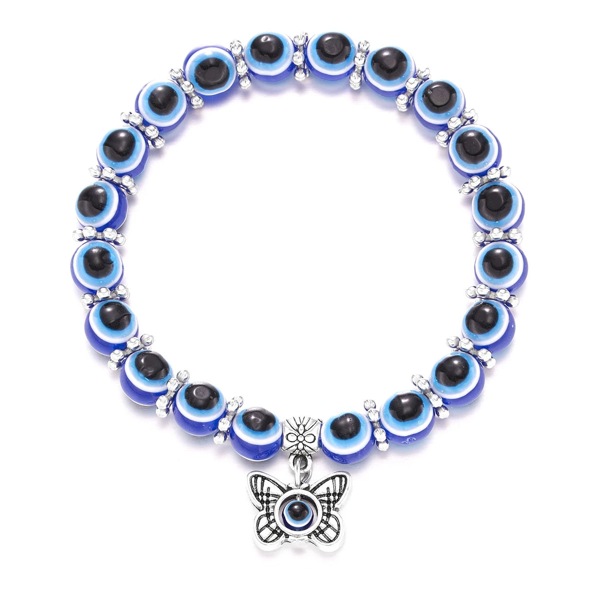Bracelet with blue and black beads and a butterfly charm on a white background