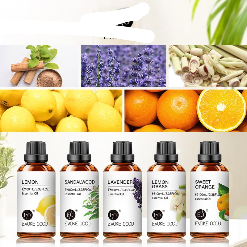 Collection of essential oil bottles with labels and corresponding ingredients displayed above.