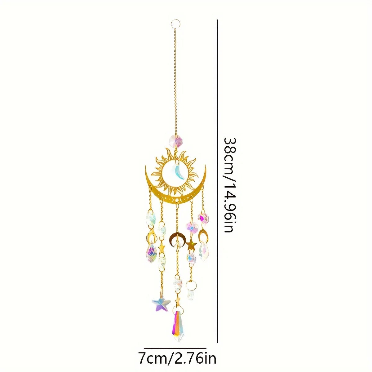 Decorative hanging ornament with measurements on a white background