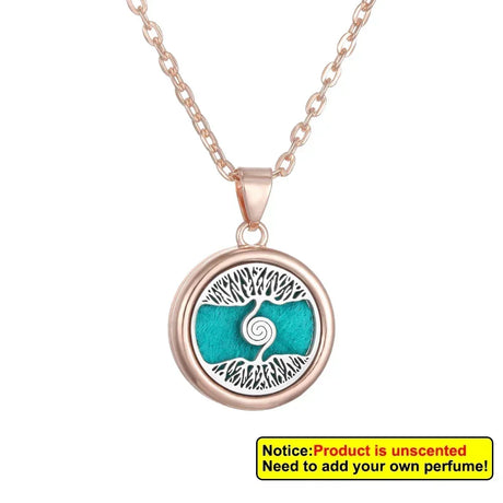 Necklace with a round pendant featuring a design of a tree and a spiral, on a white background.