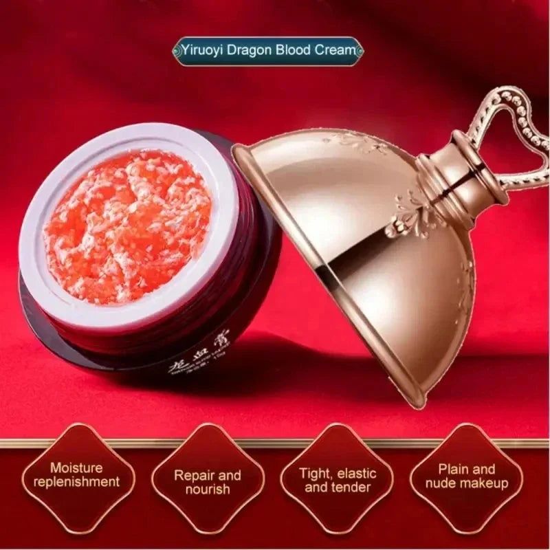 Yiruoyi Dragon Blood Cream jar with a gold scoop on a red background