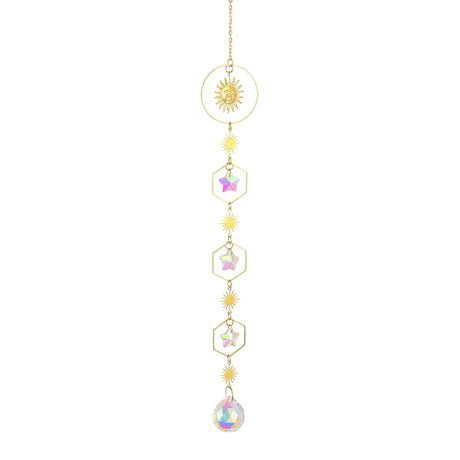 Decorative hanging chain with sun, star, and raindrop designs on a white background