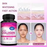 BCUELov Super Collagen supplement bottle with before and after skin comparison on a pink background
