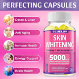 Skin whitening supplement bottle with pink label on a pink background