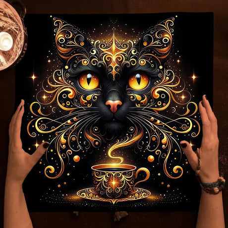 Decorative mat with a stylized cat face and cup design, held by hands.