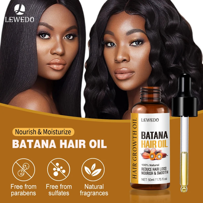 LEWEDO Batana Hair Oil packaging with two women displaying healthy hair on a brown background