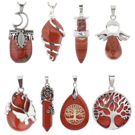 Collection of red stone pendants with silver accents on a white background
