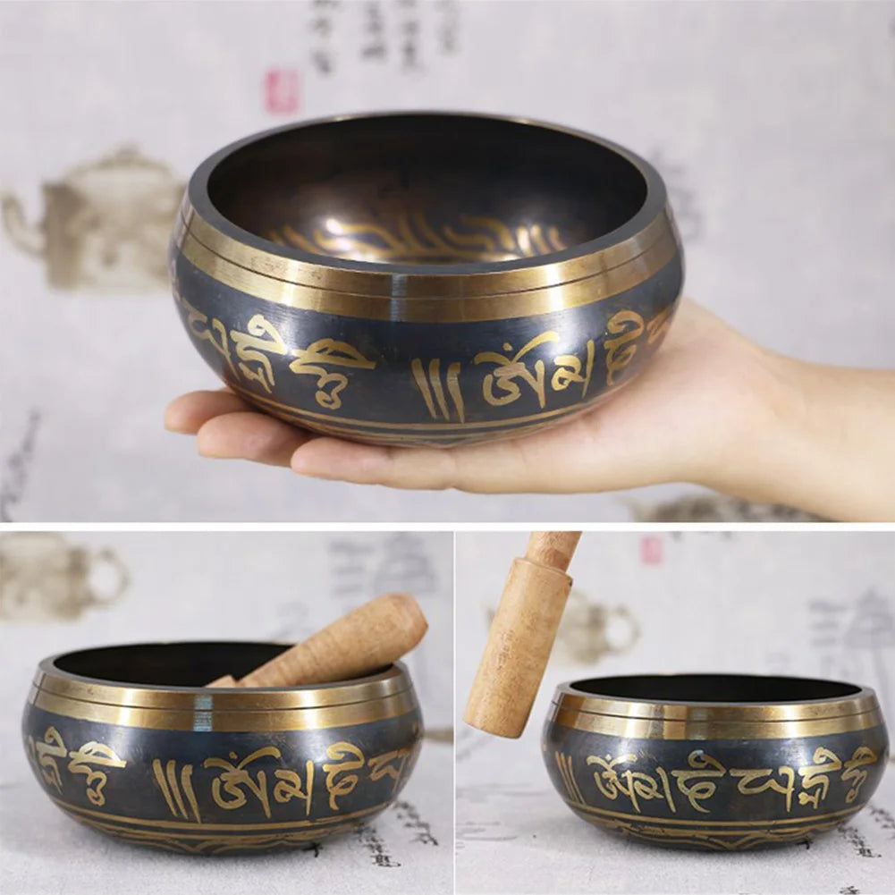 Tibetan singing bowl with gold text held by a hand, shown from different angles.