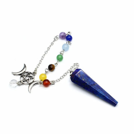 Crystal pendulum with colorful beads and a silver pentacle design on a white background