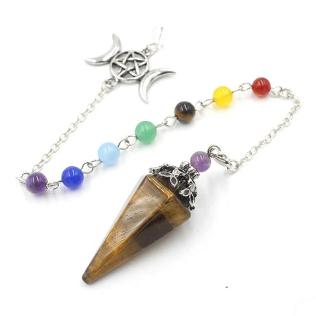Crystal pendulum with colorful beads on a white background