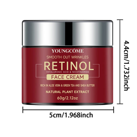 Red face cream jar with silver lid labeled 'YOUNGCOME Retinol Face Cream' on a white background with dimensions indicated.