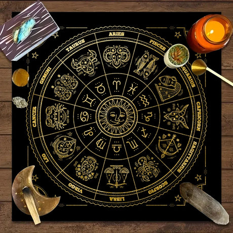 Astrological chart with zodiac symbols on a wooden surface with candles and crystals.