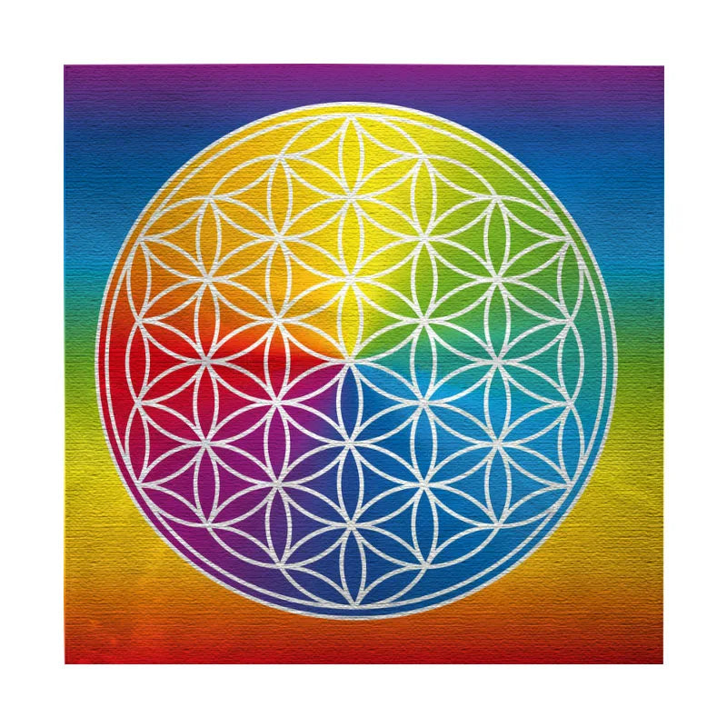 Geometric design of a flower of life on a rainbow gradient background
