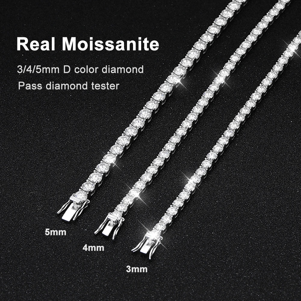 Two diamond tennis bracelets on a black background with text indicating 'Real Moissanite' and dimensions.