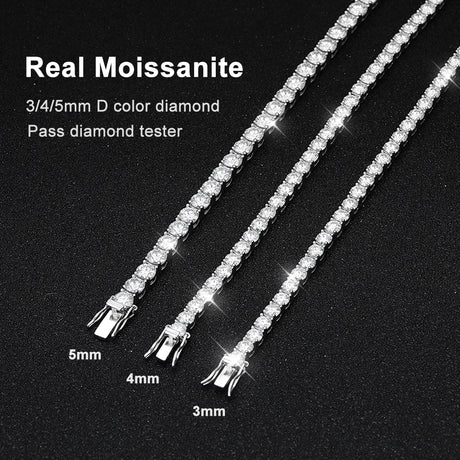 Two diamond tennis bracelets on a black background with text indicating 'Real Moissanite' and dimensions.