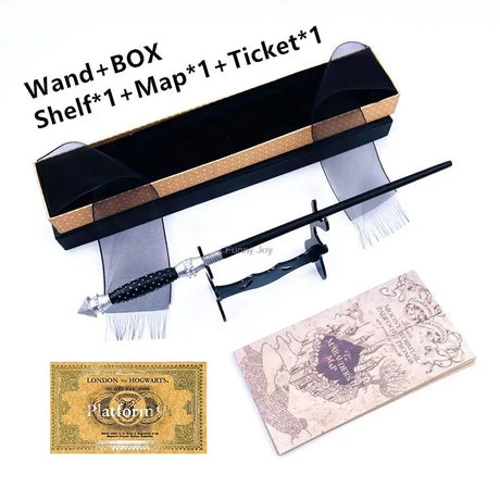 Harry Potter-themed wand set with box, shelf, map, and ticket on a white background