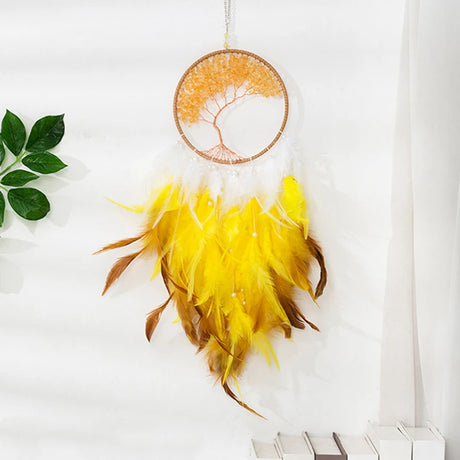 Dreamcatcher with yellow feathers on a white surface