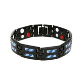 Black metal bracelet with blue and red accents on a white background