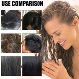 Woman with wet hair and before-and-after comparison images of hair color treatment.