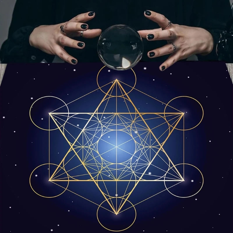 Hands holding a crystal ball with a geometric design and starry night background