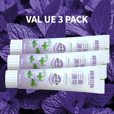 Three tubes of toothpaste with a purple leafy background and 'VAL UE 3 PACK' text.