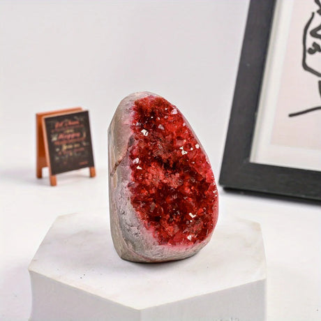 Red crystal geode on a white surface with a minimal background