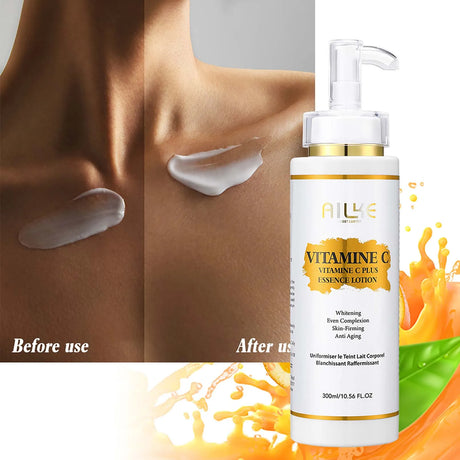 Vitamin C+ essence lotion bottle with before and after use comparison on skin.