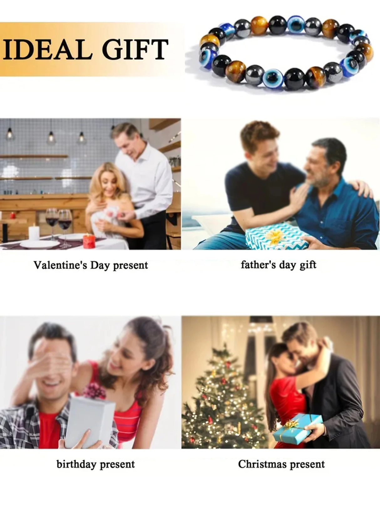 Bracelet being used as an ideal gift for various occasions with images of people and settings.