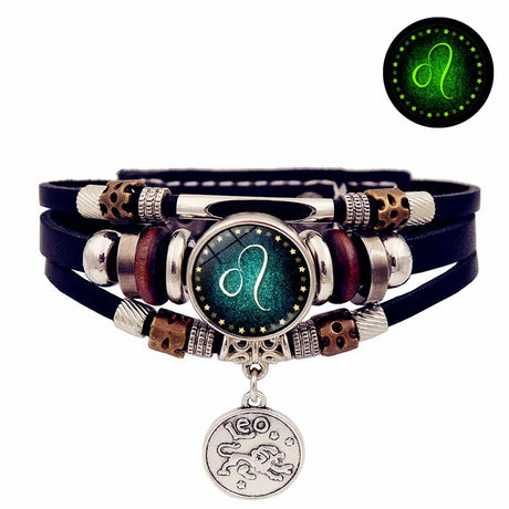 Glowing bracelet with astrological symbol and 'Leo' charm on a white background