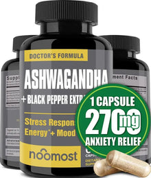 Bottle of Doctor's Formula Ashwagandha supplement with capsules on a white background