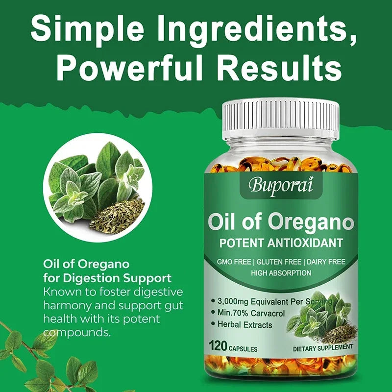 Buporai Oil of Oregano supplement bottle with green background and oregano leaves.
