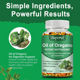 Buporai Oil of Oregano supplement bottle with green background and oregano leaves.