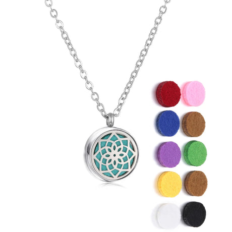 Necklace with a round pendant and colorful felt pads on a white background